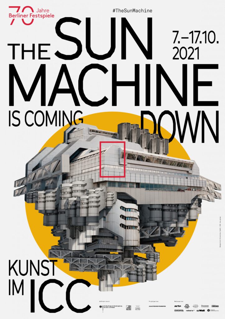 Poster with large lettering and images of a building on a yellow circle in the background