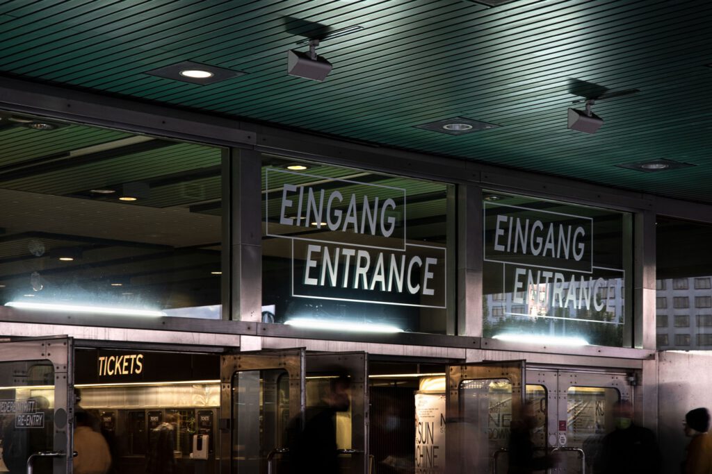 Entrance area with writing on glass