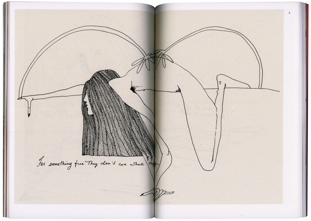 Image placed on both pages, showing an outline drawn artwork of a person