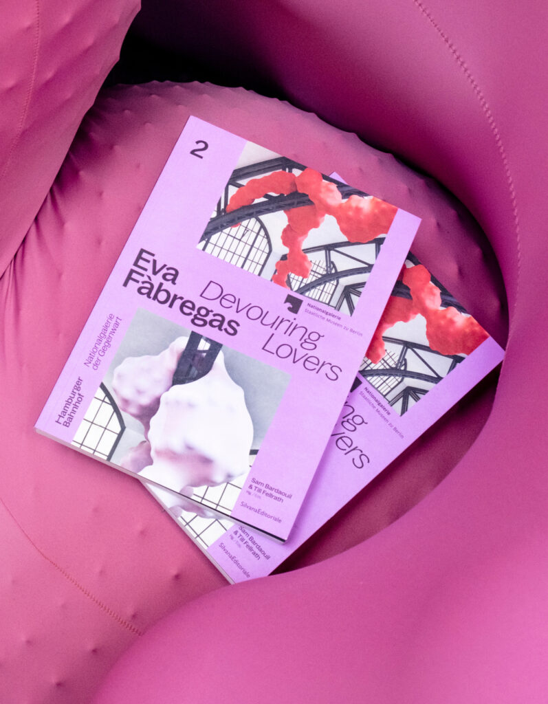 Violet brochures with images and black type on a pinkish abstract ground