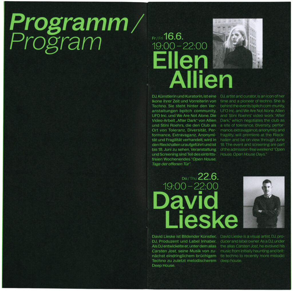 Double-sided leaflet with green lettering and grayed-out images showing the program