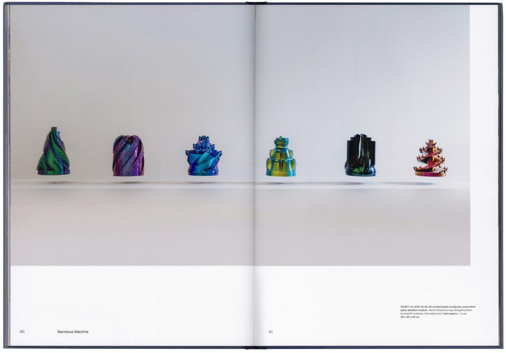 Double page with different sculptures hovering in a row