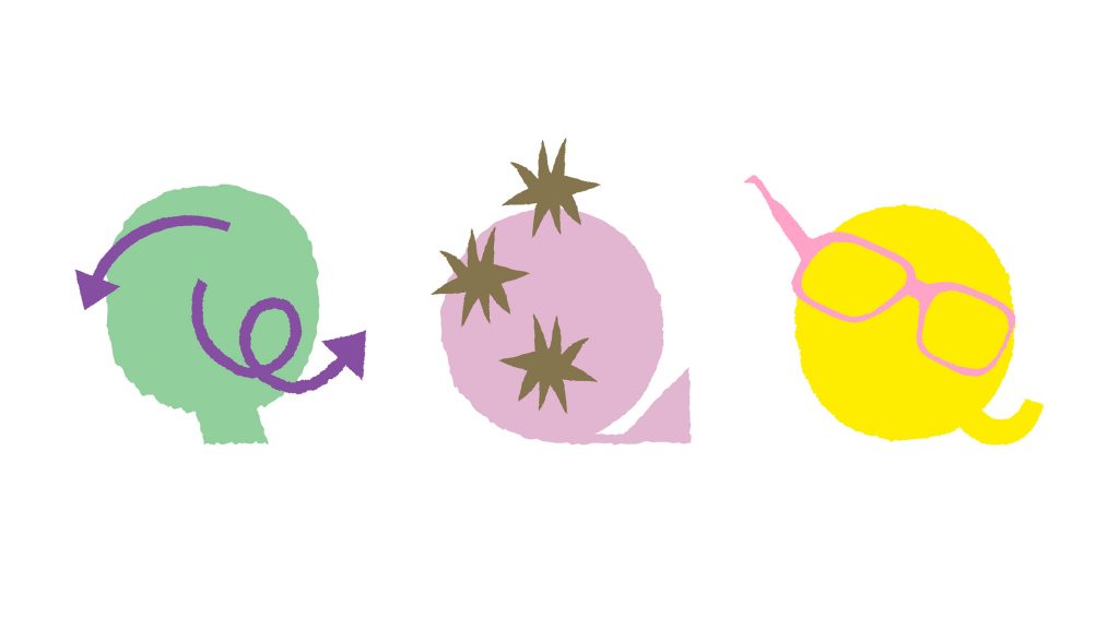 Colorful illustrations in the shape of the letter Q