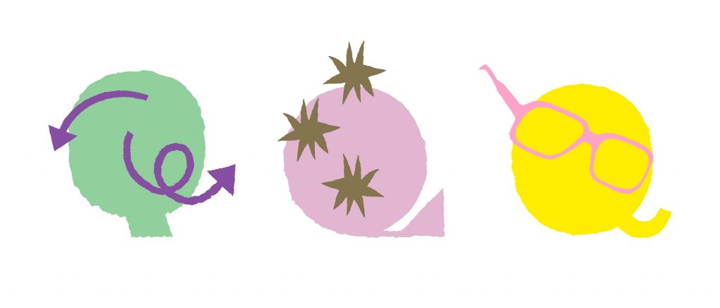 Colorful illustrations in the shape of the letter Q