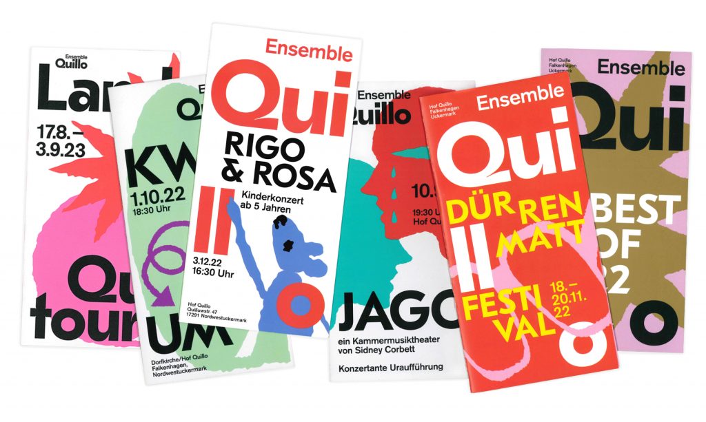 Several freely placed colorful flyers with large lettering
