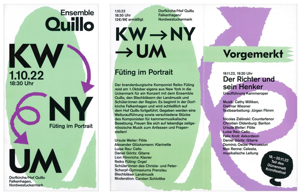 Flyer with large colorful flat illustrations and large font. To the right, the inside of the opened flyer is shown, where text and illustrations can be seen