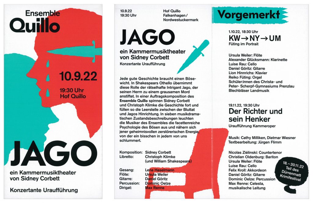 Flyer with large colorful flat illustrations and large font. To the right, the inside of the opened flyer is shown, where text and illustrations can be seen