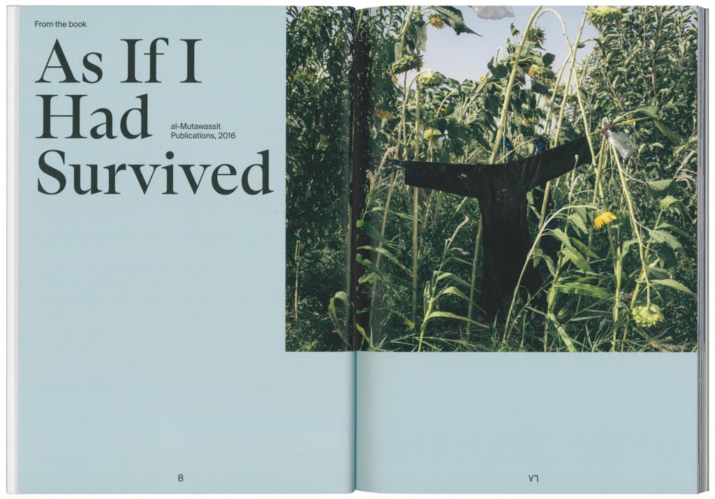 Blue double page with picture of a scarecrow and sunflowers and large lettering